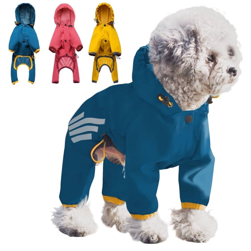Dog raincoat with hood color blue .